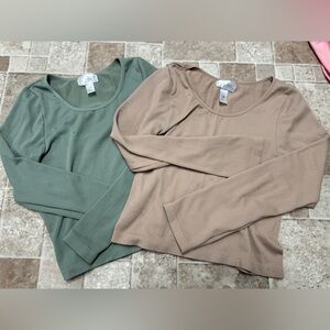 Soft ribbed long sleeve shirts in Green and Tan